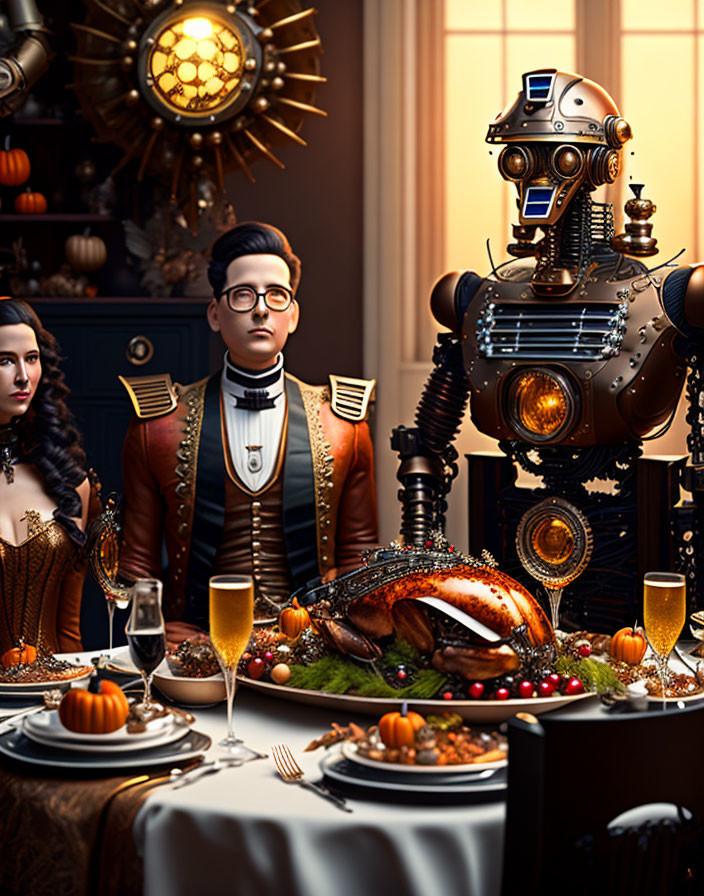 Steampunk-themed dinner with vintage couple and robot butler serving turkey