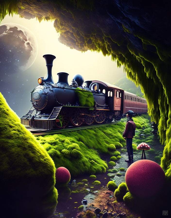 Vintage Train Emerges from Mossy Cave under Moonlit Sky