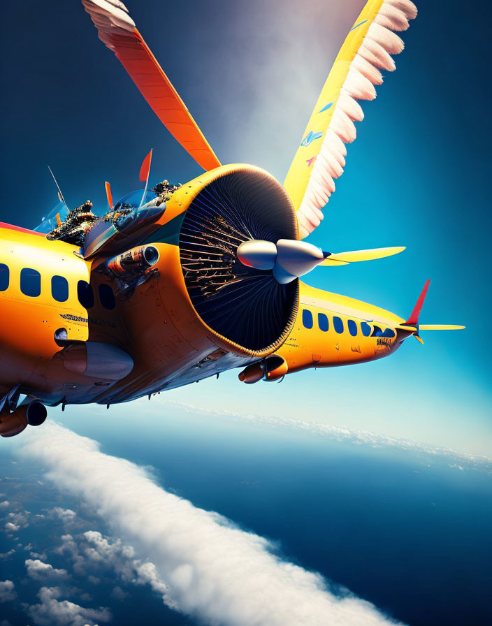 Colorful airplane mid-flight with smoking engine against blue sky and clouds