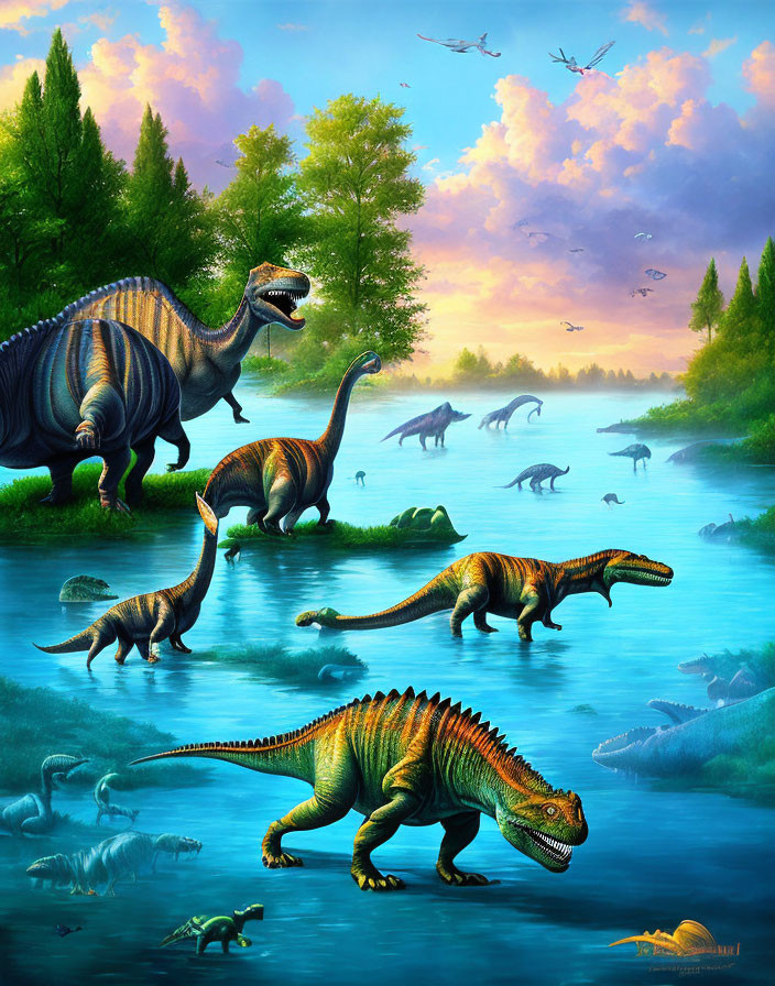 Colorful Prehistoric Landscape with Dinosaurs, Water, and Lush Greenery