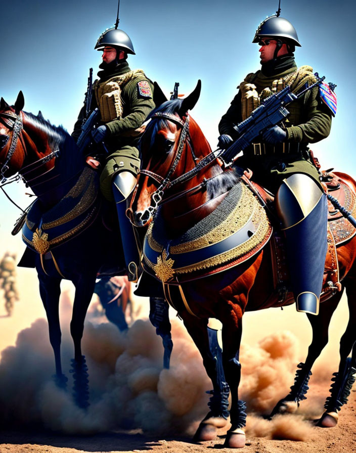 Ceremonial soldiers on horseback with rifles in dusty background