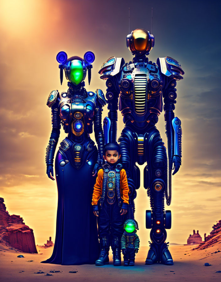 Child with two futuristic robots in desert at dusk