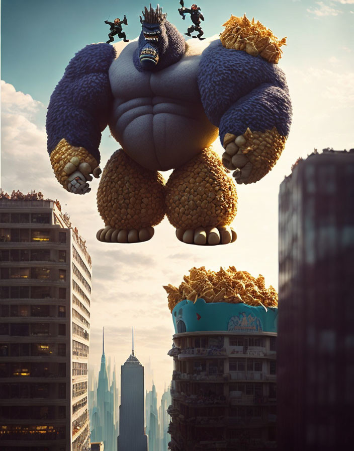 Enormous gorilla-like figure above city buildings with smaller rider