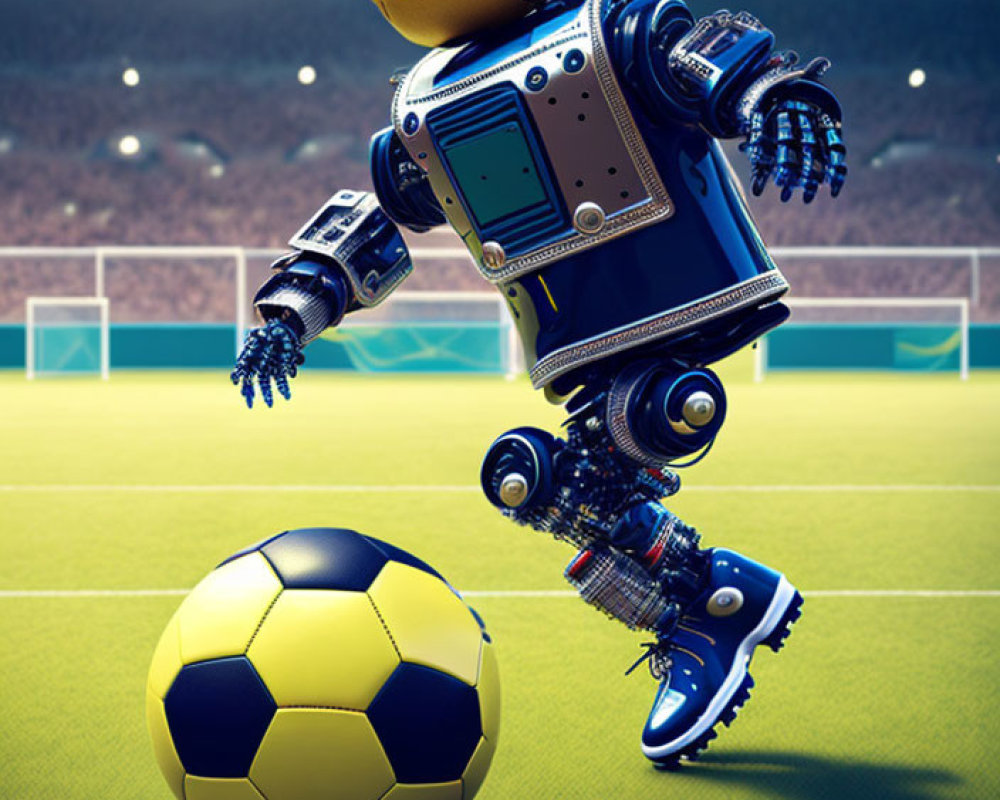 Humanoid robot kicking soccer ball on grass field with screen face