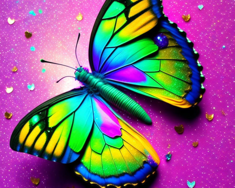 Colorful Butterfly with Blue, Green, and Yellow Wings on Glittery Purple Background