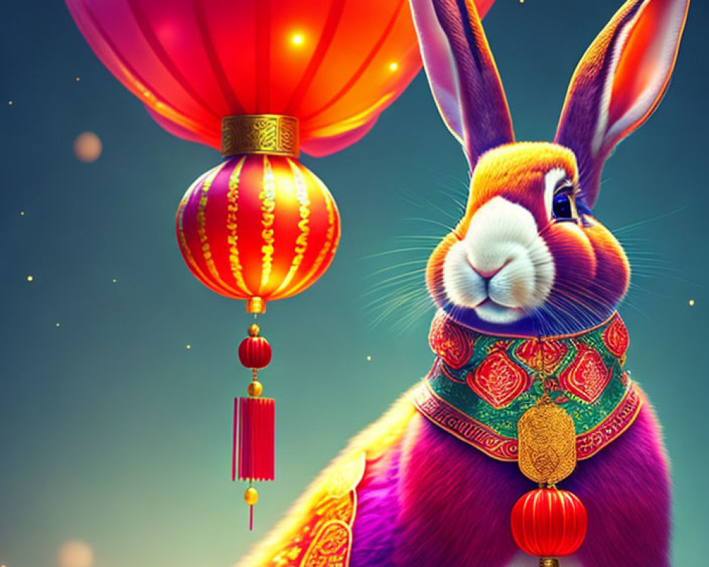 Colorful digital art: Vibrant rabbit in traditional attire with Chinese lanterns on starry night.