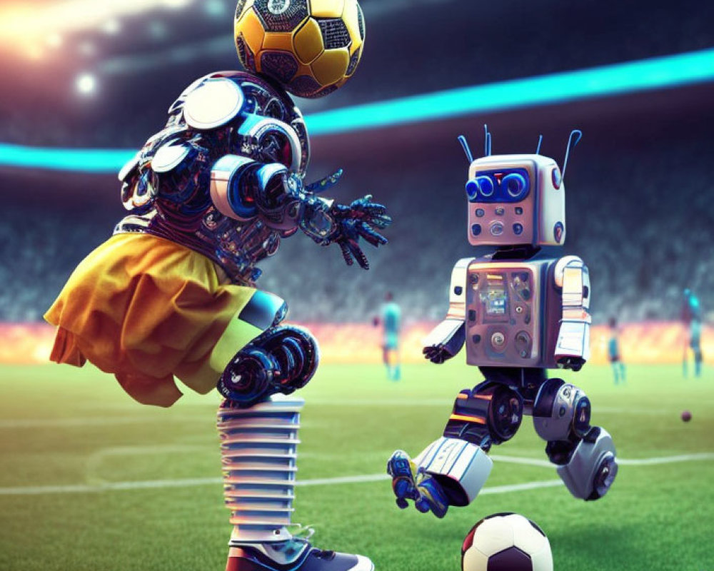 Robots playing soccer in a stadium scene