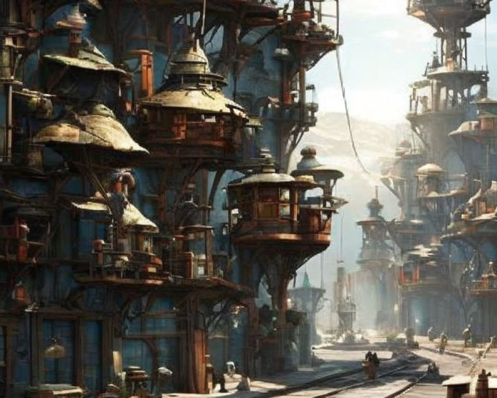 Detailed Steampunk Cityscape with Wooden Buildings and Pedestrians