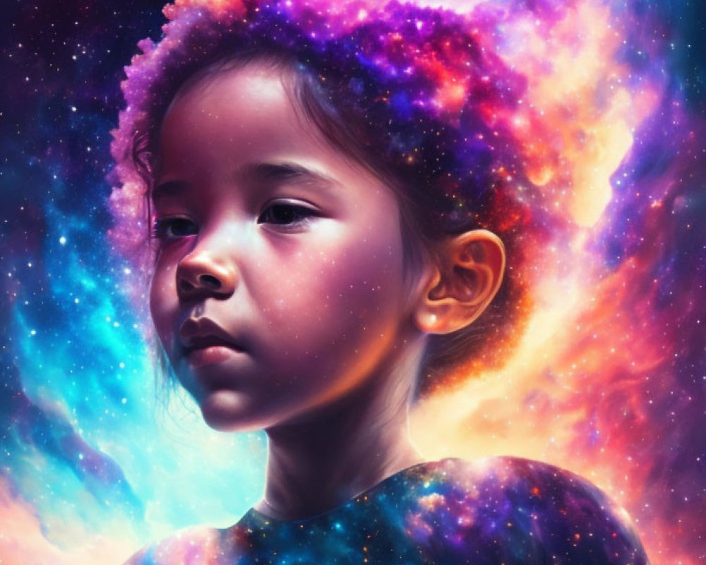 Young girl with cosmic aura in vibrant nebula setting