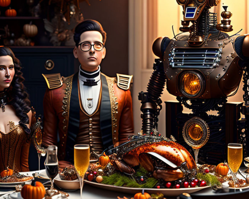 Steampunk-themed dinner with vintage couple and robot butler serving turkey