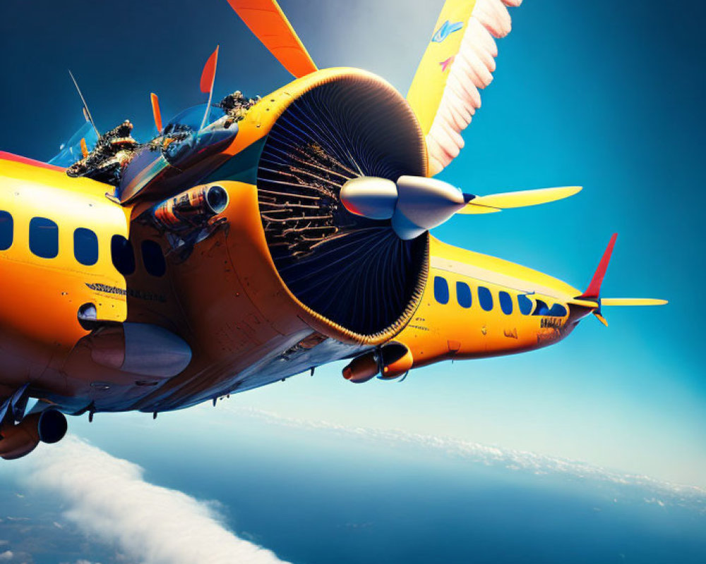 Colorful airplane mid-flight with smoking engine against blue sky and clouds