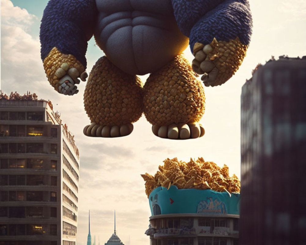 Enormous gorilla-like figure above city buildings with smaller rider