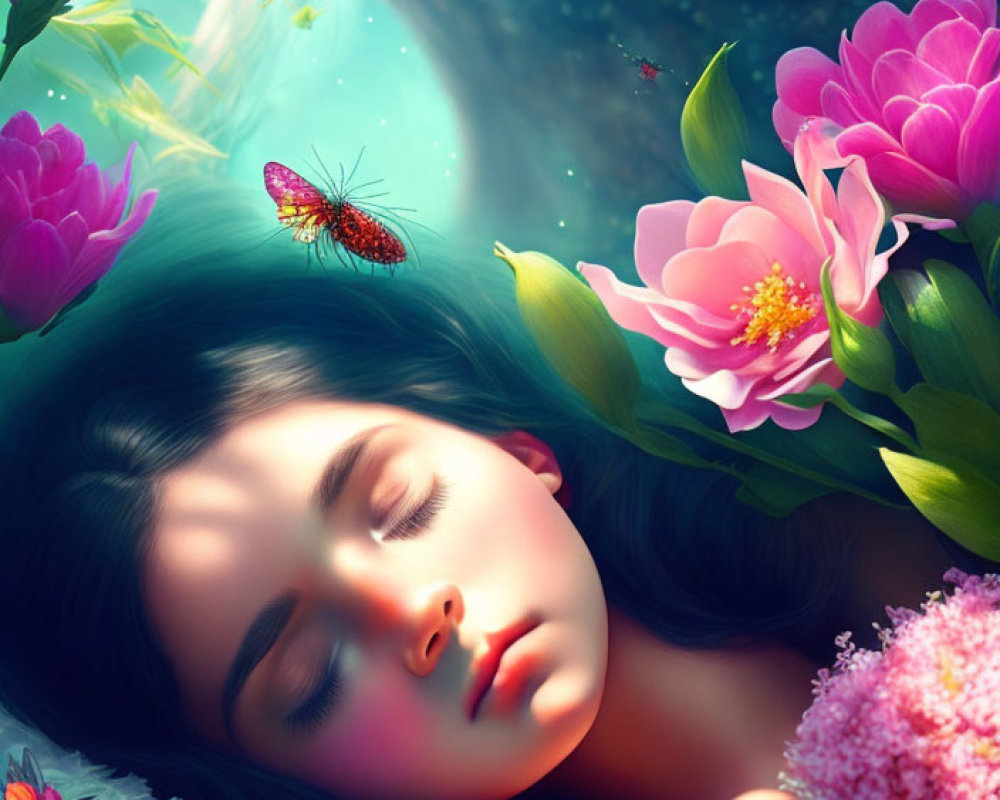 Young woman resting among vibrant flowers and butterflies in serene illustration.