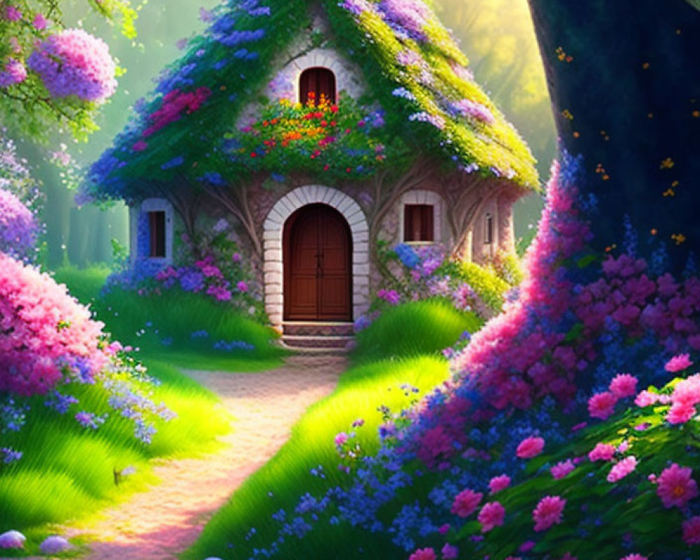 Thatched Roof Cottage in Forest with Pink and Purple Flowers