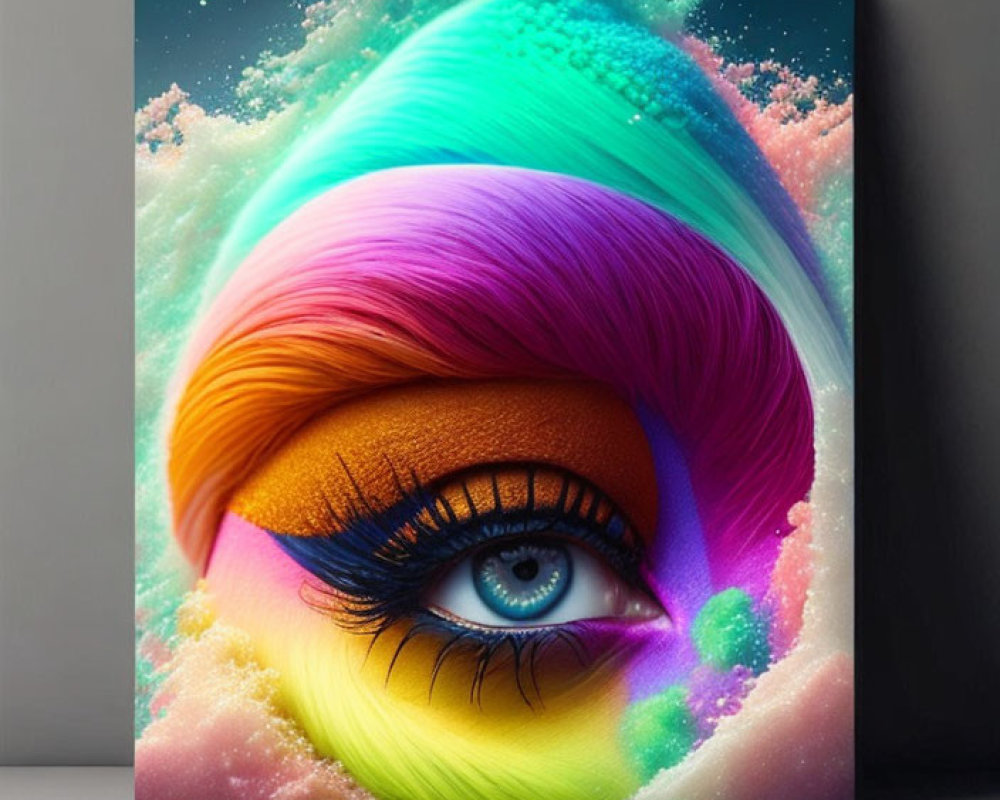 Vibrant digital eye art with rainbow eyebrow on canvas against grey wall