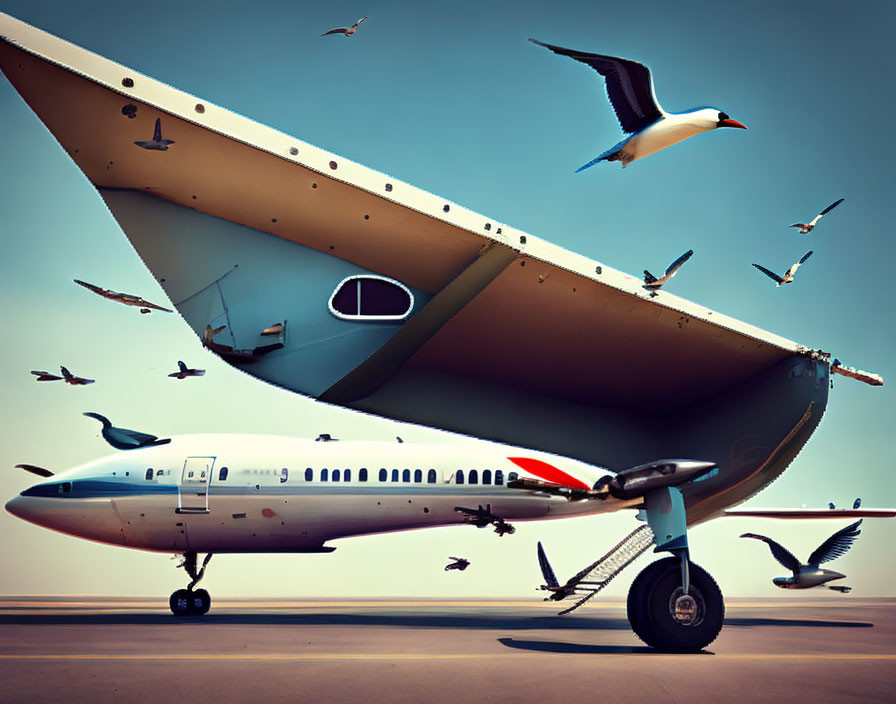 Aircraft wing and full plane with birds in serene sky