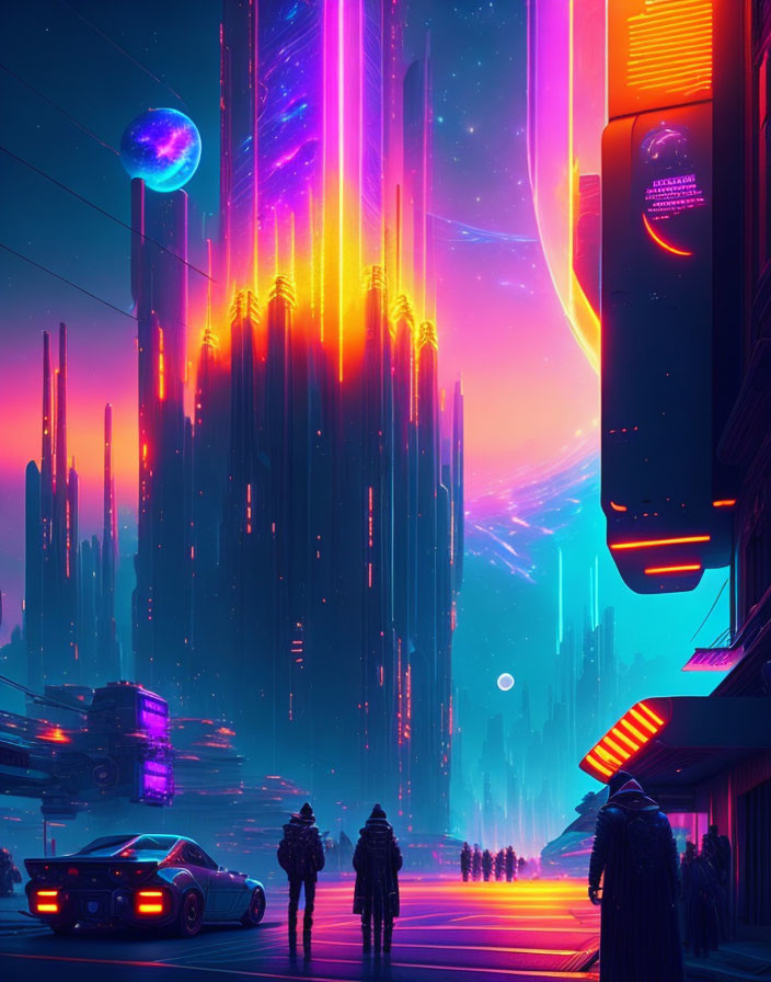 Futuristic cyberpunk cityscape with neon-lit skyscrapers and dual moons