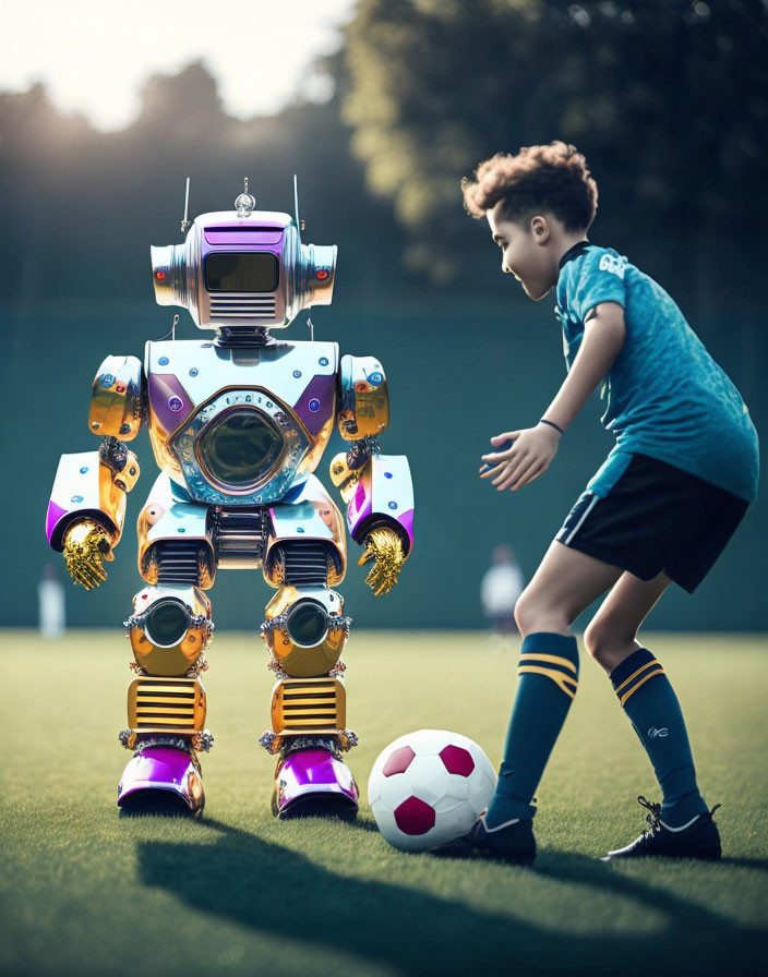 Child in soccer gear kicking ball to colorful humanoid robot on grassy field