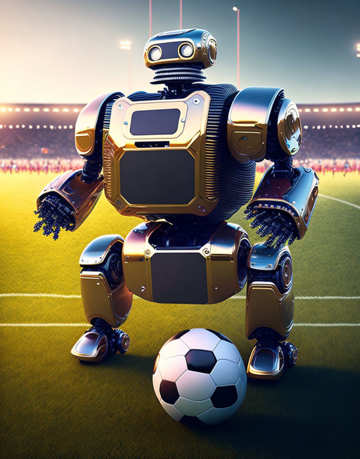 Cartoonish humanoid robot on soccer field with ball, stadium lights, and crowd