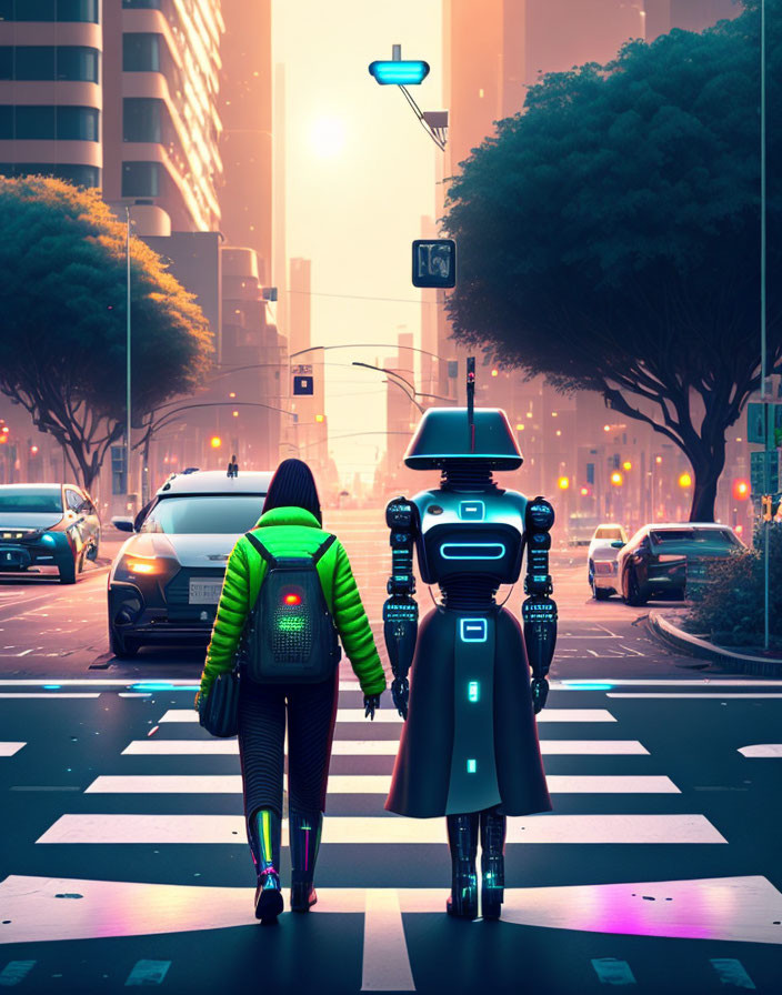 Person and robot crossing city street at sunrise or sunset with glowing buildings and vehicles.