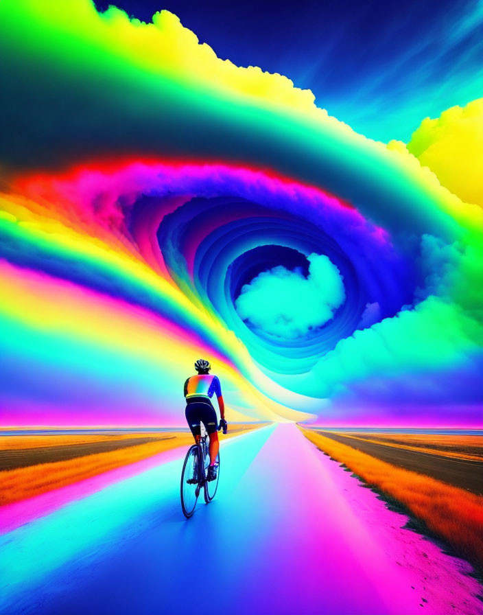 Cyclist on vibrant road near swirling rainbow vortex