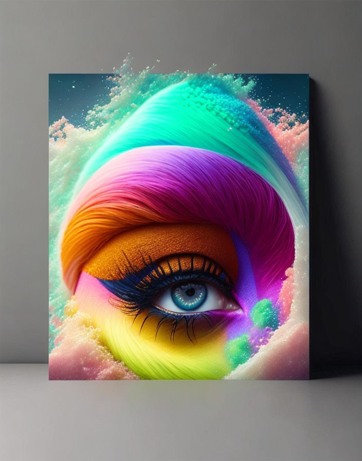 Vibrant digital eye art with rainbow eyebrow on canvas against grey wall