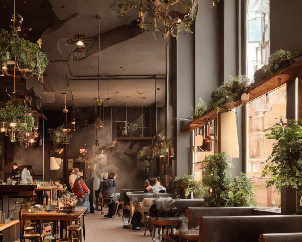 Inviting cafe interior with hanging plants, dim lighting, arched windows, and patrons relaxing.