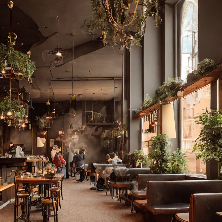 Inviting cafe interior with hanging plants, dim lighting, arched windows, and patrons relaxing.