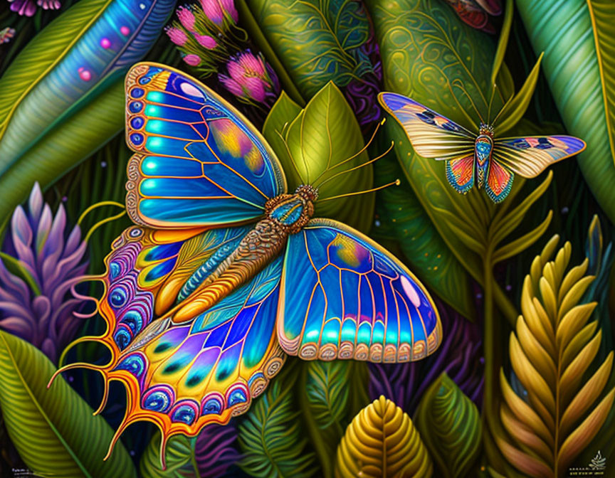 Colorful digital artwork featuring iridescent butterflies in lush foliage