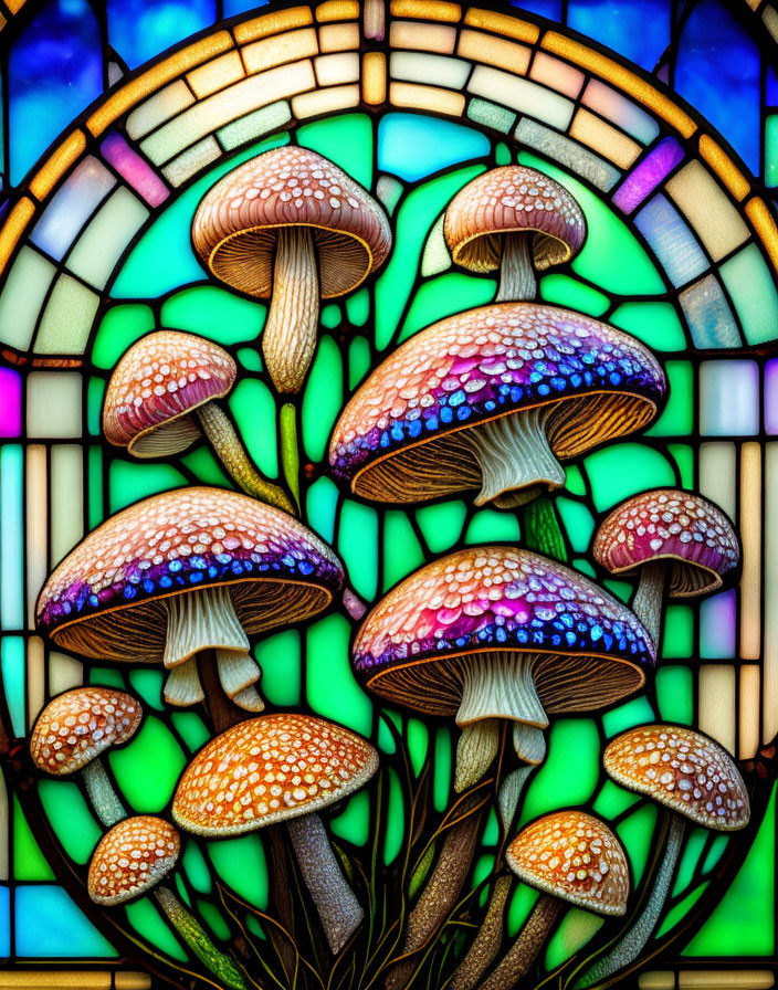 Colorful Stained Glass Window with Mushroom Design