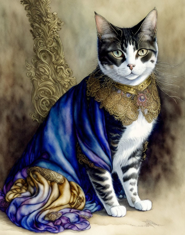 Regal Cat in Blue and Gold Robe with Ornate Column Background