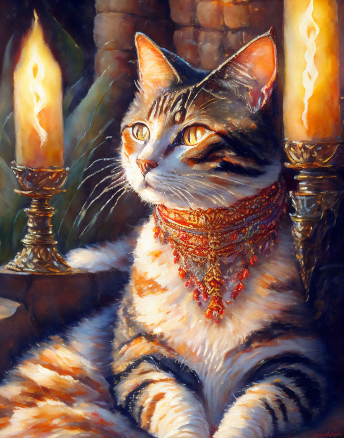 Striped fur cat with ornate necklace in candlelight.