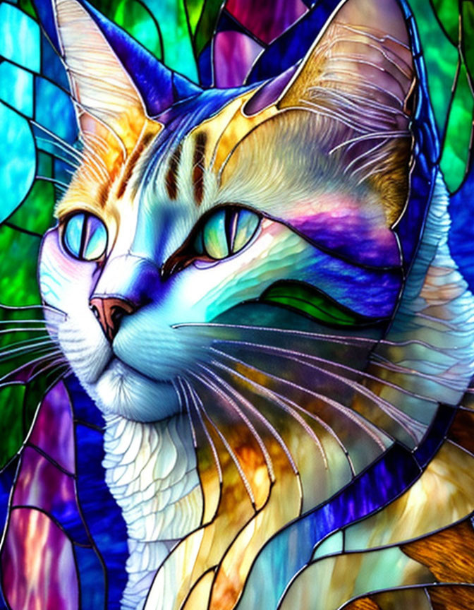 Vibrant Cat Illustration in Stained Glass Style