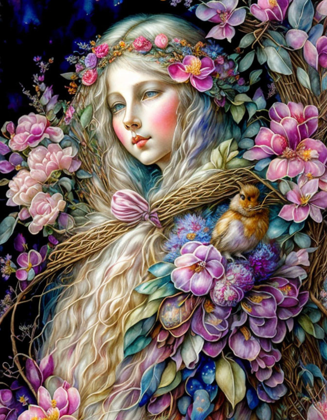 Artwork of Woman with Flower Crown, Bird, and Lush Flowers