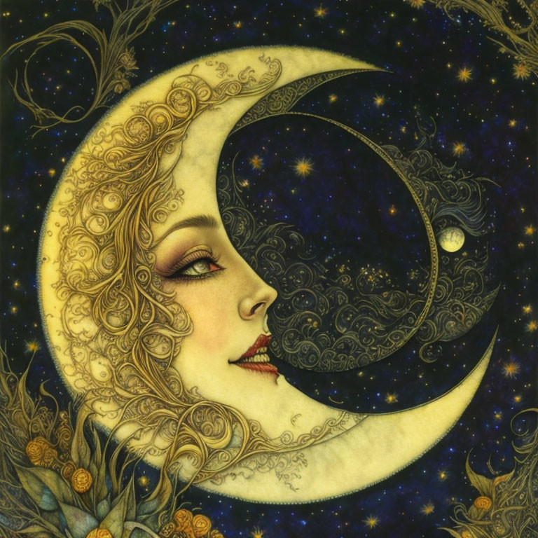 Crescent moon personified with woman's face and stars on dark sky