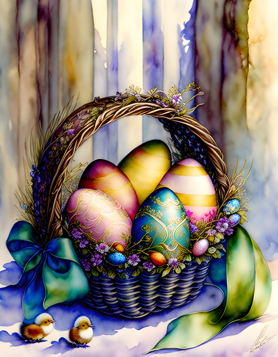 Vibrant Easter basket with decorated eggs, chicks, and flowers on pastel background