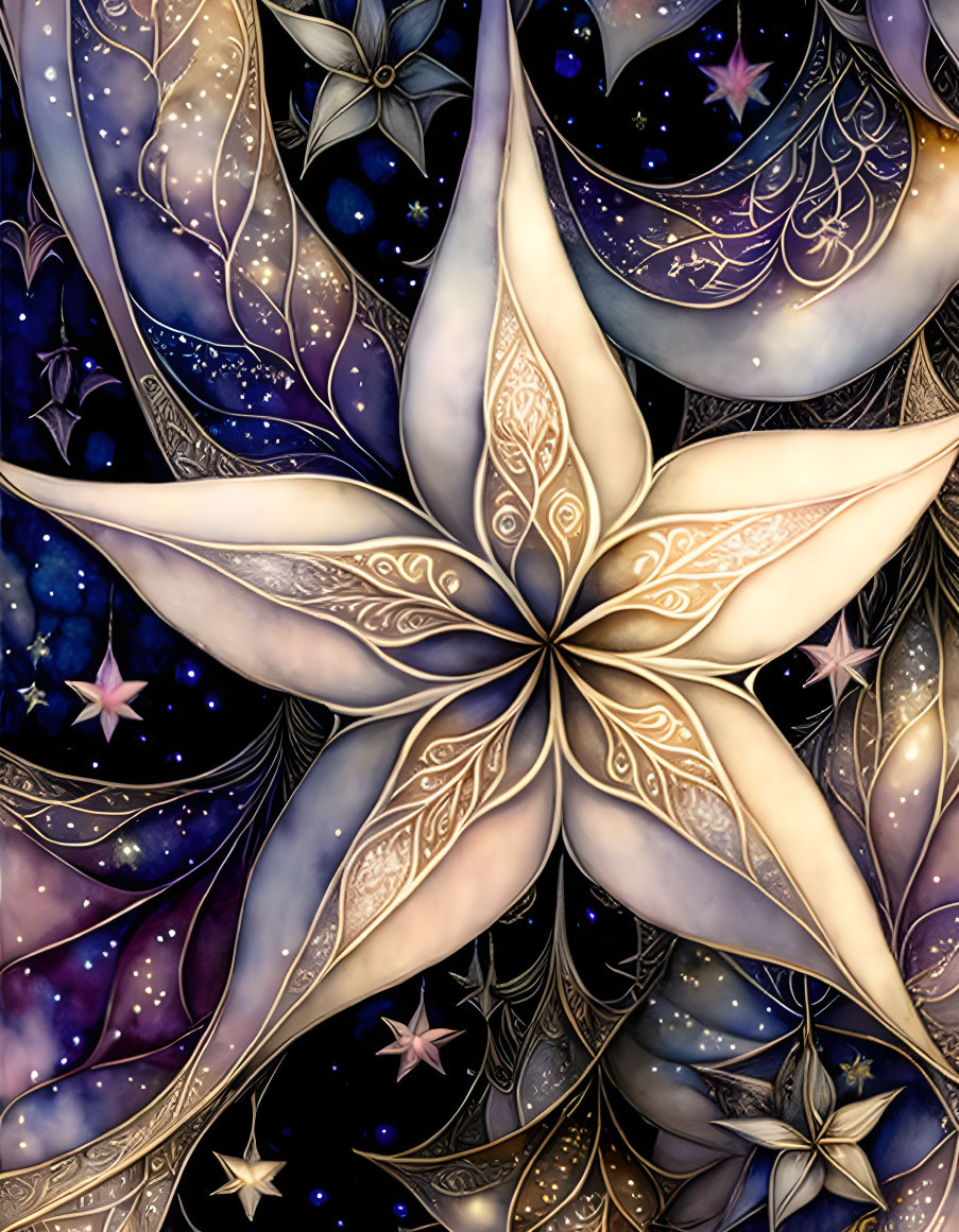 Gold and White Ornate Star in Cosmic Background