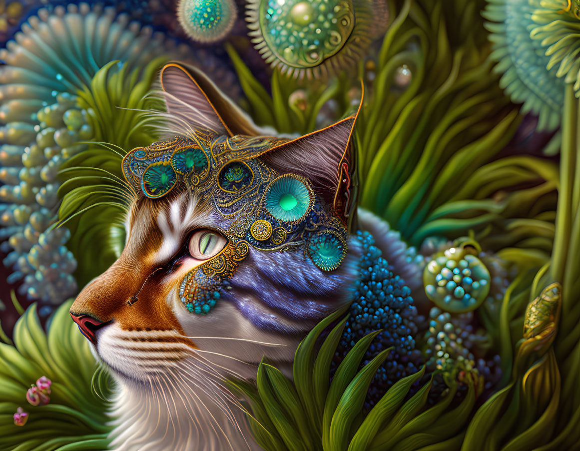 Detailed cat illustration with ornate embellishments and vibrant, nature-inspired surroundings.