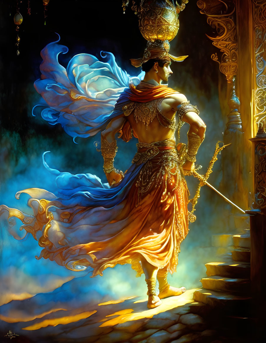 Majestic figure in ornate attire with flowing sash and staff in mystical setting