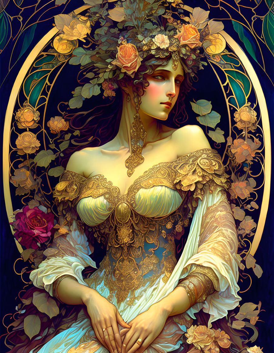 Art Nouveau Woman Illustration with Floral Headdress & Golden Dress