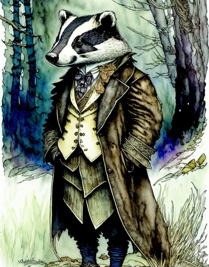 Elegant Victorian suit worn by anthropomorphized badger