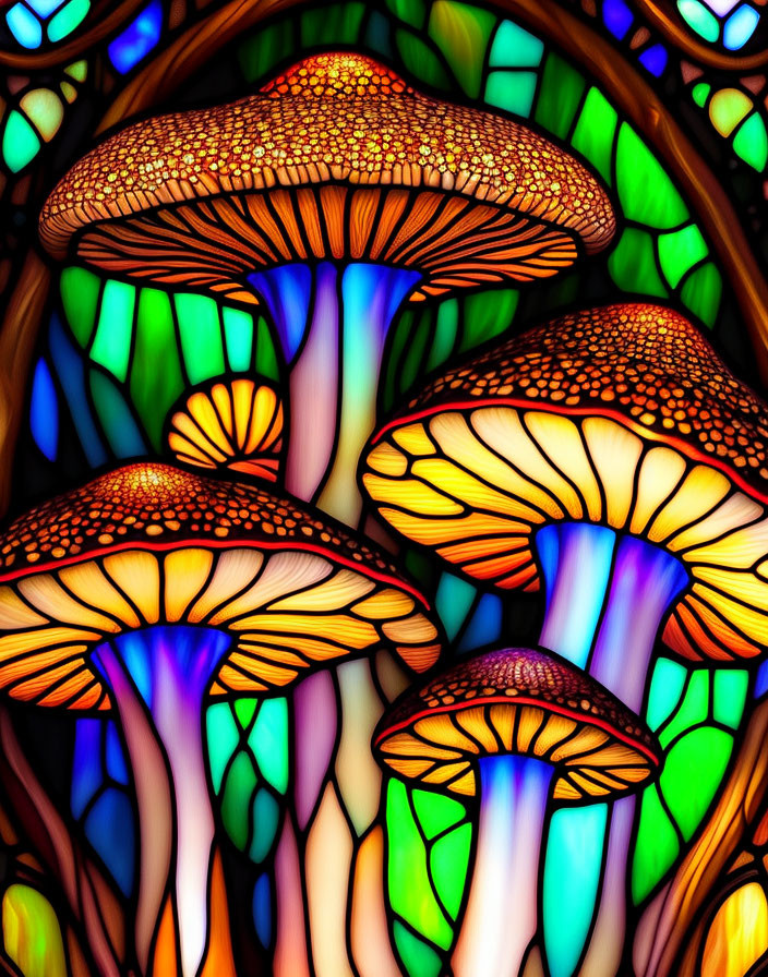 Colorful Vibrant Mushroom Stained Glass Art on Dark Background