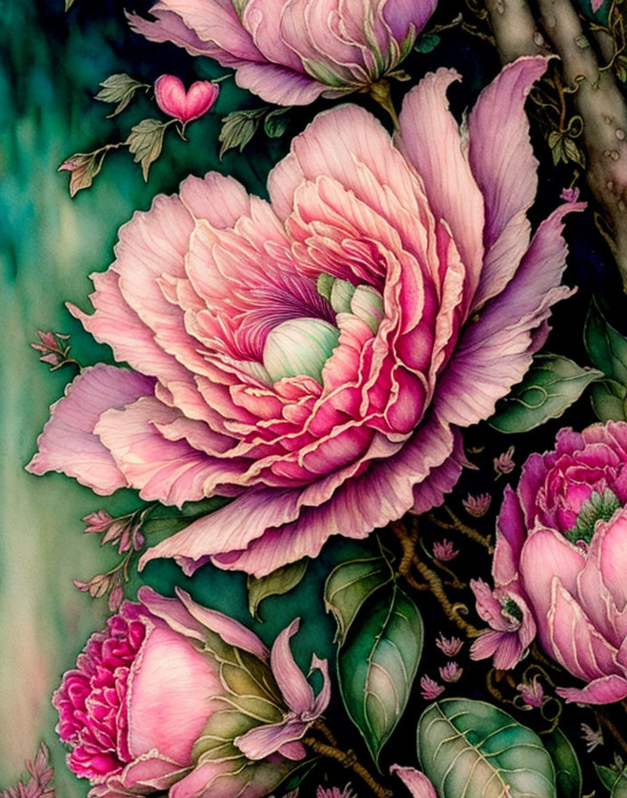 Detailed Painting of Pink Peonies with Heart-Shaped Petal