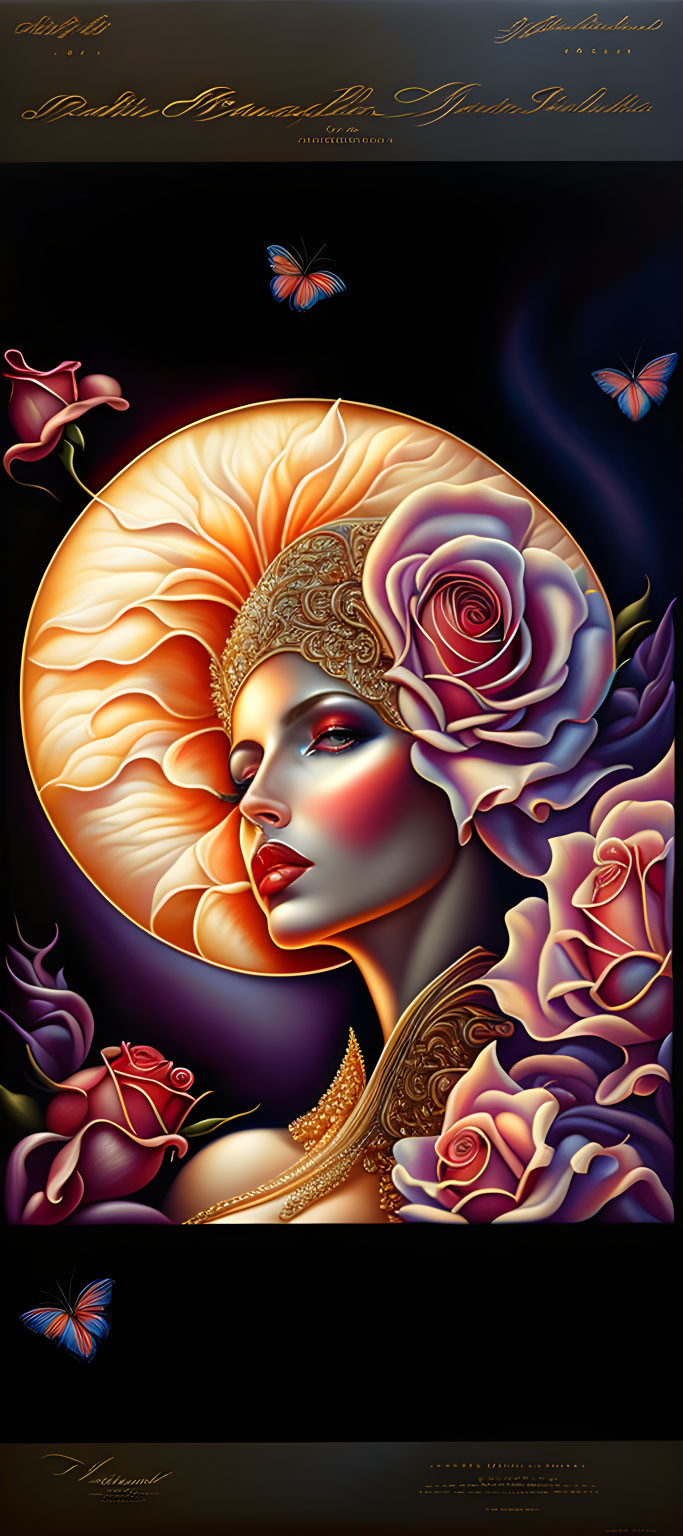 Woman with Floral Elements and Butterflies in Vibrant, Fantasy Style