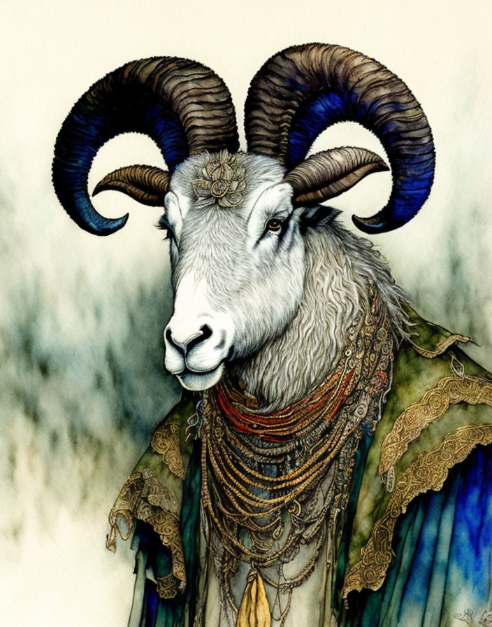 Detailed anthropomorphic ram illustration with ornate jewelry and clothing