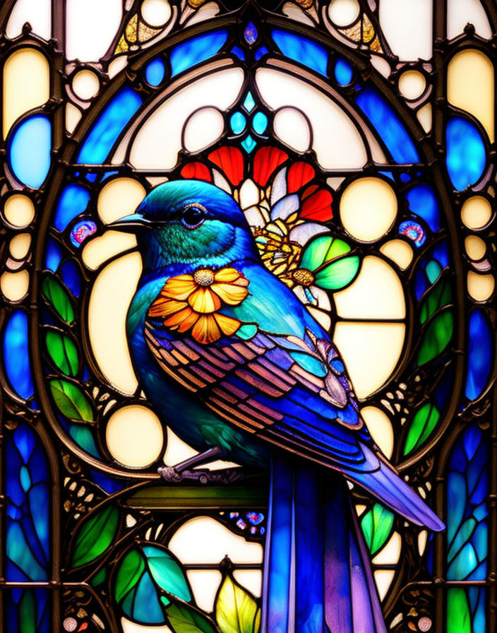 Colorful stained glass window with bluebird and floral design