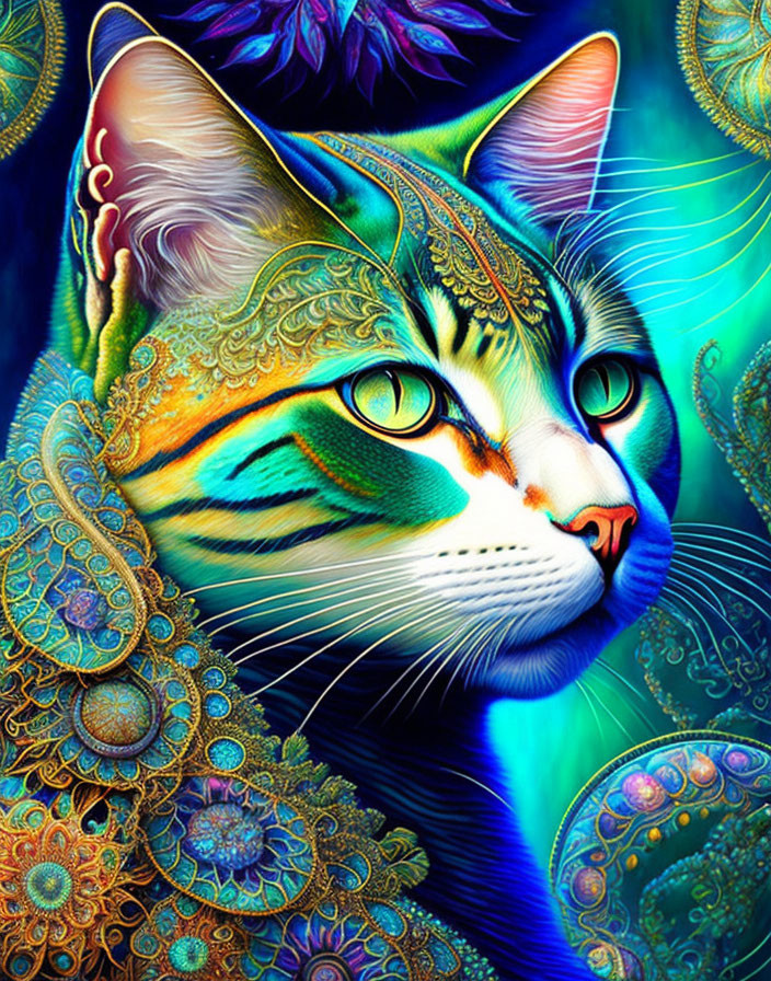 Colorful digital artwork of a cat with intricate patterns in blue, green, and gold.