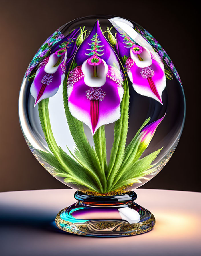 Purple and White Flowers in Transparent Sphere Illustration