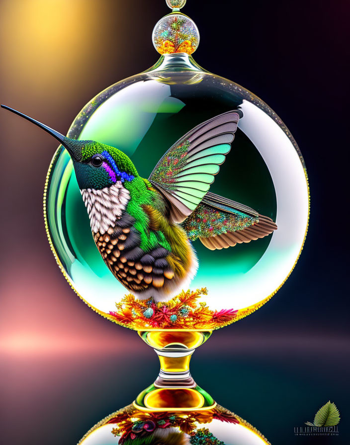 Colorful hummingbird with butterfly wings in transparent bulb with flora - digital artwork