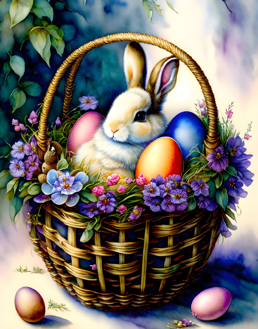 Vibrant Easter-themed illustration with wicker basket, rabbit, eggs, and flowers